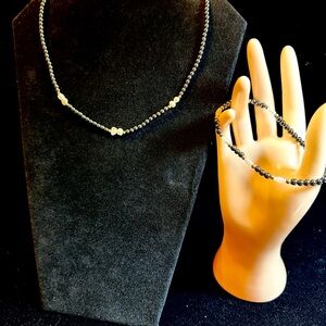 Elegant Black and Pearl Beaded Necklace and Bracelet Set